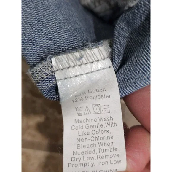 Womens XXL Longline Distressed Denim Jacket Blue Wash Button Front Pockets Y2K - Picture 5 of 7